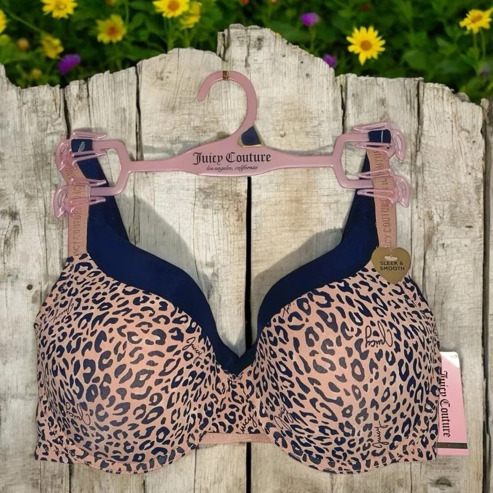 Juicy Couture Sexy Push-Up Leopard Print & Solid Black Bra Set size 38D